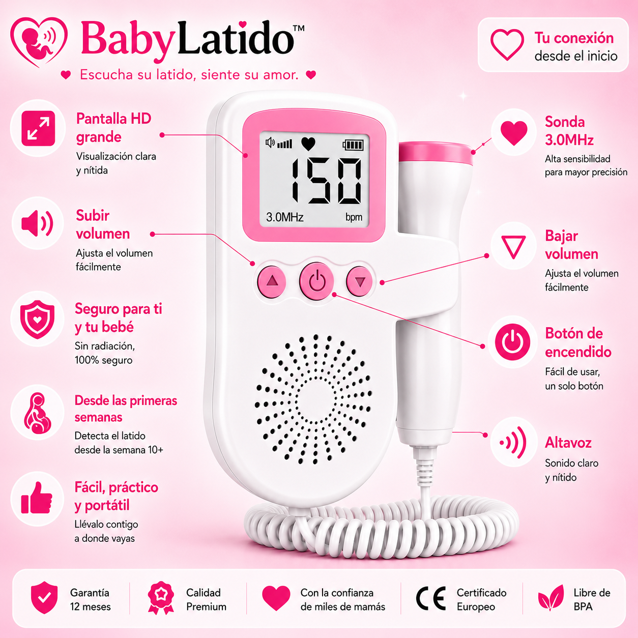 BabyLatido™ | Monitor Fetal sin Radiación para Escuchar el Latido de tu Bebé 👶🏻🩷